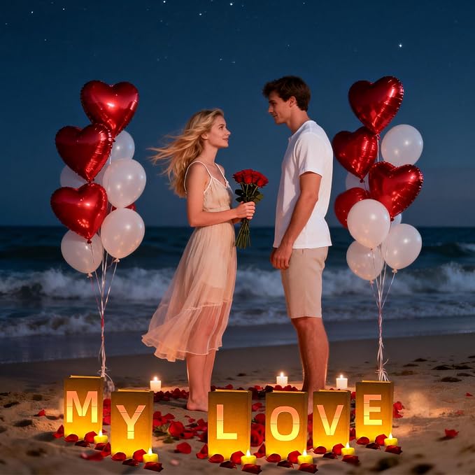 MY LOVE Light Up Letters, with Tea Lights Candles, Rose Petals, Pearlescent - Image 5