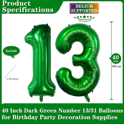 Dark Green 13 Number Balloons, 40 Inch Giant Number 13 Balloons Foil Mylar - Image 2