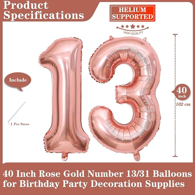 Rose Gold 13 Number Balloons, 40 Inch Giant Number 13 Balloons Foil Mylar - Image 2