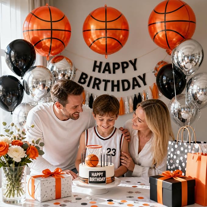 Basketball Round Foil Balloons, Basketball Black Silver Foil Baloon - Image 3