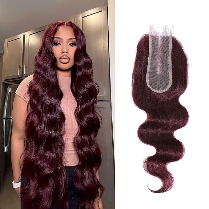 2x6 HD Lace Closure Human Hair Body Wave 99J Burgundy Dark Red Wine Color Transparent Lace Closure 2x6 Long Deep Middle Part 100% Raw Virgin Human Hair 20 Inch 150% Density
