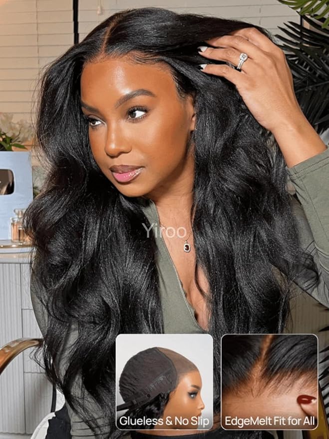YIROO No Slip 7x5 Bye Bye Knots Yaki Straight Lace Front Glueless Drawstring Wig Human Hair with Deep Stretch Cap Fits All Head Sizes,Pre-Plucked Pre-Cut Wear and Go Wig for Women 150% Density 22Inch