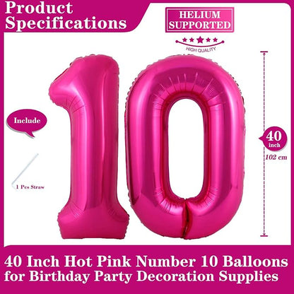 Hot Pink 10 Number Balloons, 40 Inch Giant Number 10 Balloons Foil Mylar Helium - Image 2