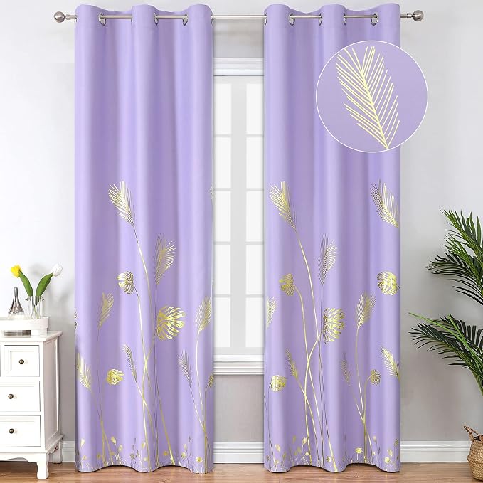 Lilac Blackout Curtains for Bedroom, Room Darkening Gold Palm Tree Pattern by ESTELARTEXTILER