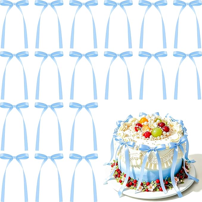 NEBURORA 50 Pcs Blue Bows for Cake Decoration Party Ribbon Bowknots | Pastel by NEBURORA