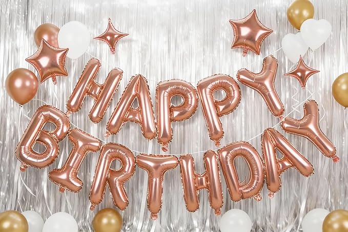 Rose Gold Happy Birthday Balloons Banner Sign Mylar letter Party Decoration | - Image 3