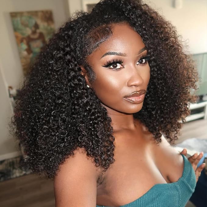 WOWANGEL Kinky Curly Half Wig Human Hair 180% Density Flexi-Fit Invisi 3 in 1 Wigs Flip Drawstring Wig Glueless Wear and Go Headband Wig 100% Human Hair for Women, Natural Black, 22 Inch