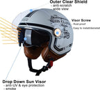 Open Face Motorcycle Helmet for Adults, DOT Approved,3/4 Retro Vespa Helmet, Dual Visors Men's and Women's Motorbike Casco for Moped Cruiser Bobber and Chopper
