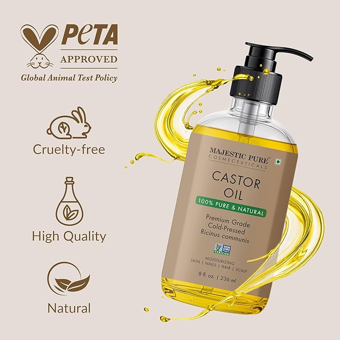 Majestic Pure Castor Oil with Glass Bottle - 100% Pure & Natural - Premium Grade, Cold Pressed, Hexane Free - Hair, Eyelashes, Eyebrows, Nails - Moisturizing & Nourishing - 8 Fl Oz