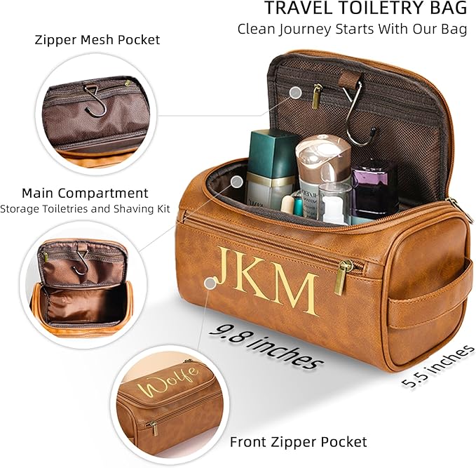 Personalized Toiletry Bag for Men, Engraved Name Initials Toiletry Bag, Customized Monogram Travel Shaving Dopp Kit for Groomsmen, Gift for Christmas, Birthday, Dad, Husband (Dark Coffee)
