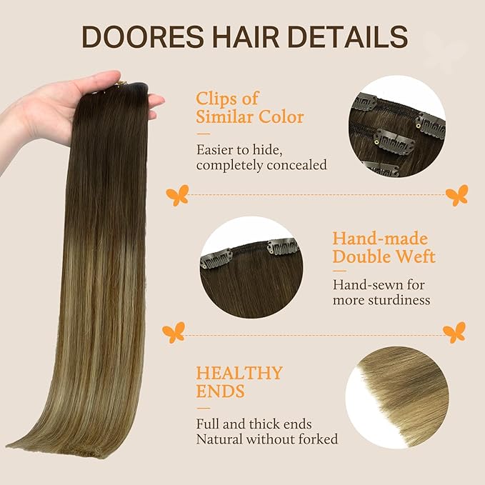 DOORES Human Hair Extensions Clip in Balayage Dark Brown Fading to Chestnut Brown and Dirty Blonde 18 Inch 7pcs 120g Clip in Hair Extensions Remy Natural Hair Extensions Thick