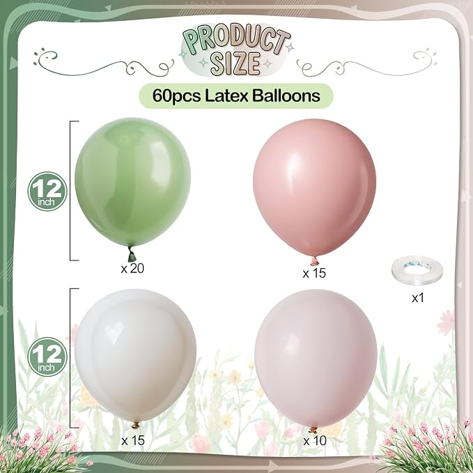 Sage Green Pink Balloons, Blush Sand White Balloon - Image 2