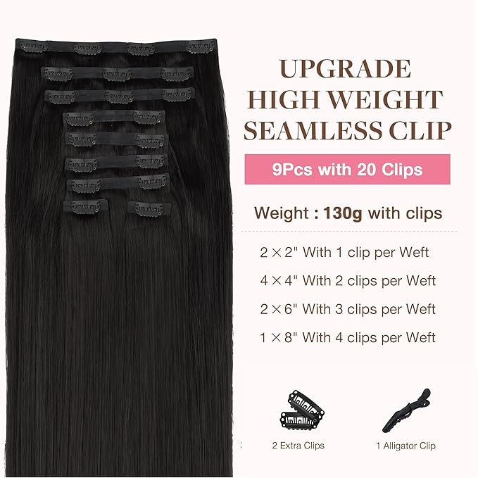 GOO GOO Clip in Hair Extensions Real Human Hair, Remy Human Hair Extensions Clip ins for Women, Natural Human Hair, 24inch 220g 9Pcs, #1B Natural Black