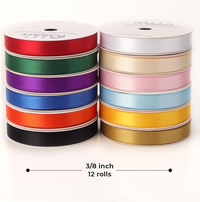 Ribbli Rainbow Satin Ribbon 3/8 Inch x 12 Rolls Total 60 Yards- Colorful Ribbon - Image 2
