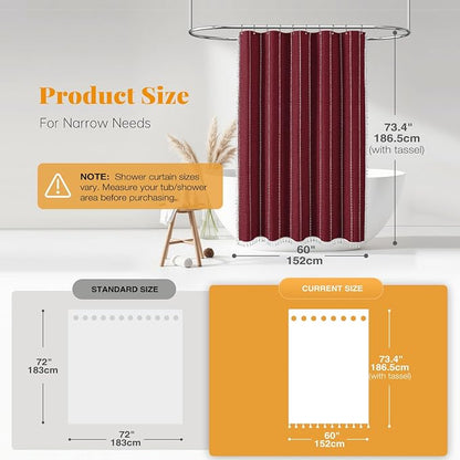 60x72 Boho Farmhouse Linen Heavy Duty Shower Curtain Set, Burgundy | Narrow Size - Image 3