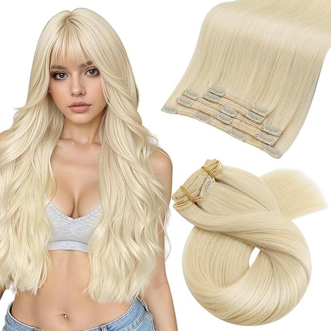 Moresoo Golden Platinum Blonde Human Hair Clip in Extensions Blonde Real Hair Extensions Clip in Human Hair Blond to Add Length for Women 80g/5pcss 22 inch