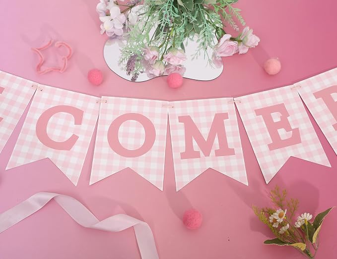 Pink Gingham Welcome Baby Shower Banner - Image 6