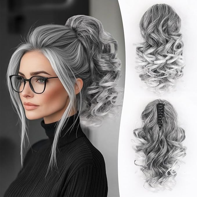 Claw Clip Ponytail Extension - 12 Inch Curly Ponytail Extension, Wavy Pony Tails Hair Extensions, Synthetic Hair Extensions Ponytail, Clip On Ponytails for Women (Color: Salt and Pepper)