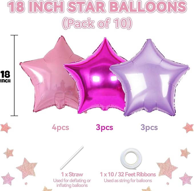 Pink and Purple Star Foil Balloons, 18 Inch Metallic Purple Stars Balloon - Image 2