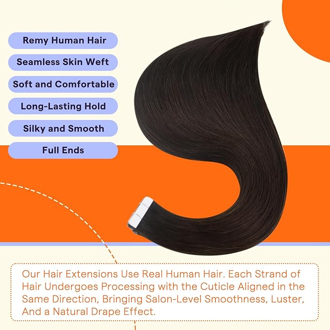 Full Shine Tape in Hair Extensions 20 Inch Straight Seamless Skin Weft Tape in Extensions Real Human Hair Color 2 Darker Brown Natural Soft and Silky Remy Hair 50 Grams 20 Pieces Add Length