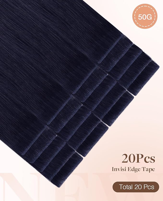 GOO GOO Invisi Edge Tape in Hair Extensions Human Hair, 1G Midnight Black, 20pcs 20inch 50g, Virgin Remy Hair, Seamless Injected Tape, Natural Look