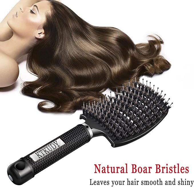 Detangling Brush Boar Bristles Set KTKUDY Hair Brush Curved and Vented Detangler Brush for Women Men Kids Wet and Dry Hair (Black&White)