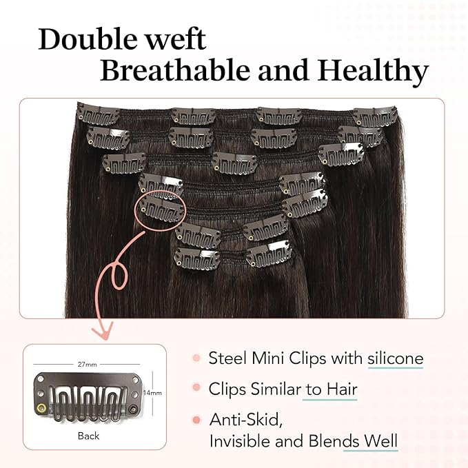 XDhair Clip in Hair Extensions Human Hair 7pcs 140g 16 Inch Dark Brown Real Hair Extensions Clip in Human Hair Straight #2/16 Inch