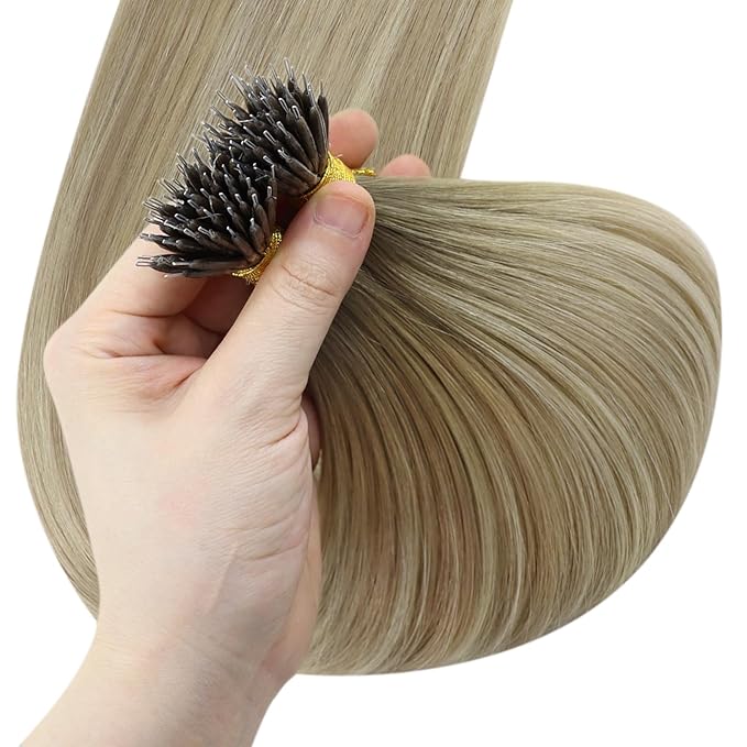YoungSee Nano Ring Hair Extensions Ombre Blonde Nano Beads Human Hair Extensions Balayage Ash Blonde Ombre Platinum Blond Nano-Tip Hair Extension Human Hair Nano Remy Hair Extension 50G 50S 14Inch