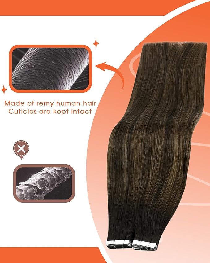 Sunny Hair Tape in Hair Extensions Real Human Hair Invisible Remy Hair Extensions Tape ins for Women Darkest Brown Ombre Medium Brown Balayage 20 inch 25G