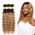 Honey Blonde Bundles Human Hair Ombre Deep Wave Bundle 18 20 22 Inch Peruvian Virgin Remy Hair Extensions Double Weft 2 Tone Black and Blonde Deep Wave Bundle Hair Weave 150g