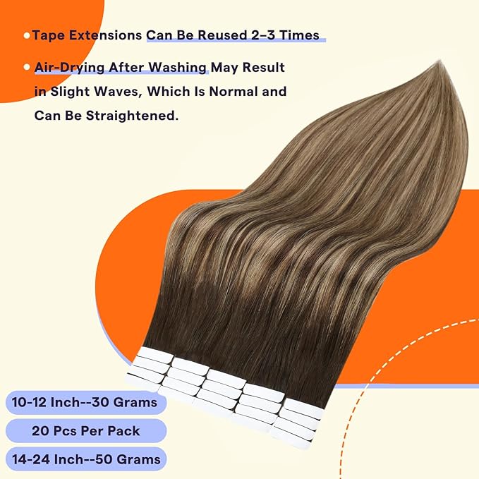 Full Shine Tape in Hair Extensions Human Hair Remy Hair 18 Inch Tape Extensions Color 2 Fading to 3 and 27 Caramel Blonde Balayage 50g Human Hair Extensions Tape Ins 20 PCS for Party