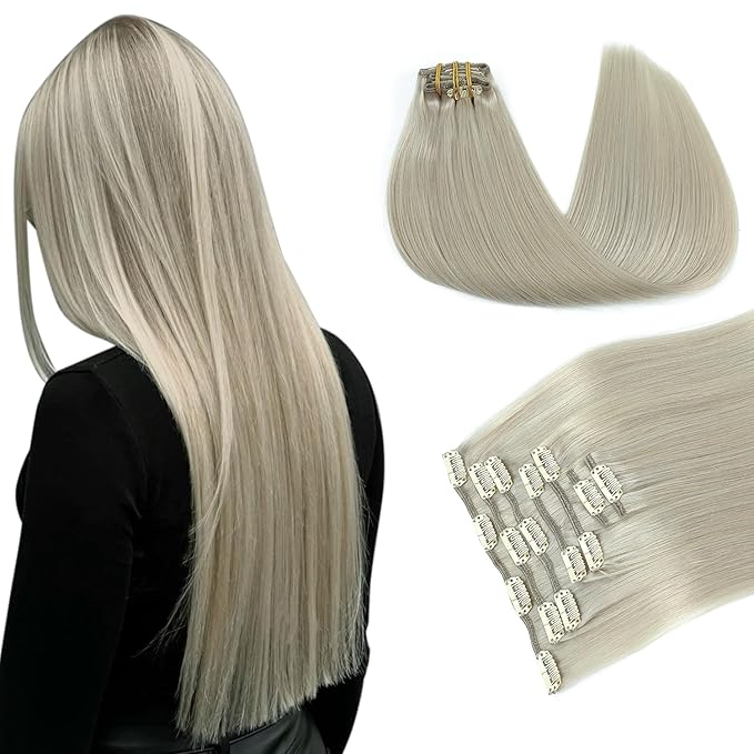 PINKPEARL Clip in Hair Extensions Real Human Hair, 18 Inch 120g 7pcs #1000 Gray Blonde Human Hair Extensions Clip Ins, Remy Hair Clip ins(#1000-18)