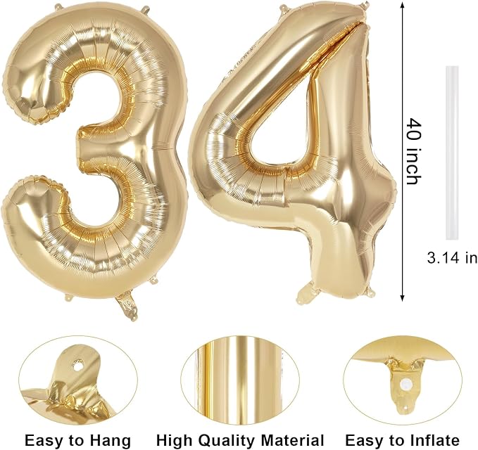 Champagne Large Number 34 Balloon, 40 Inch Light Gold Foil Helium Number - Image 2