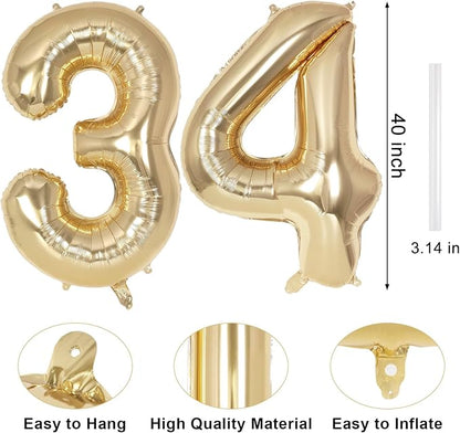 Champagne Large Number 34 Balloon, 40 Inch Light Gold Foil Helium Number - Image 2