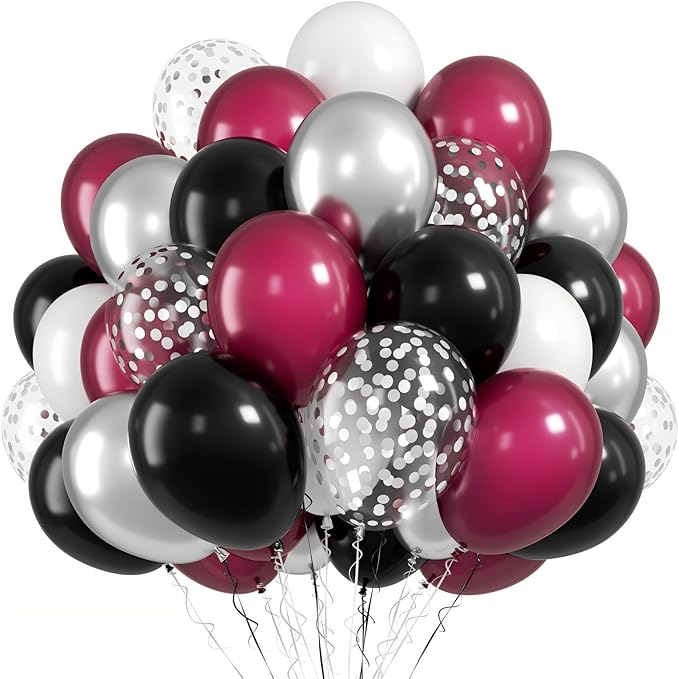 FunHot Maroon Balloons, 12 Inch Burgundy Metallic Silver Confetti Latex Balloons by FunHot