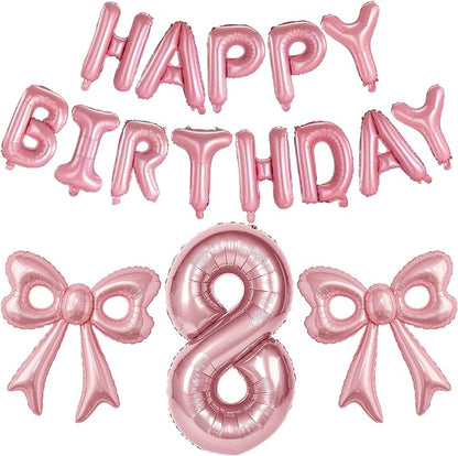 Bow Number 8 Birthday Balloons, Coquette Party Decorations Supplies by BSRESIN