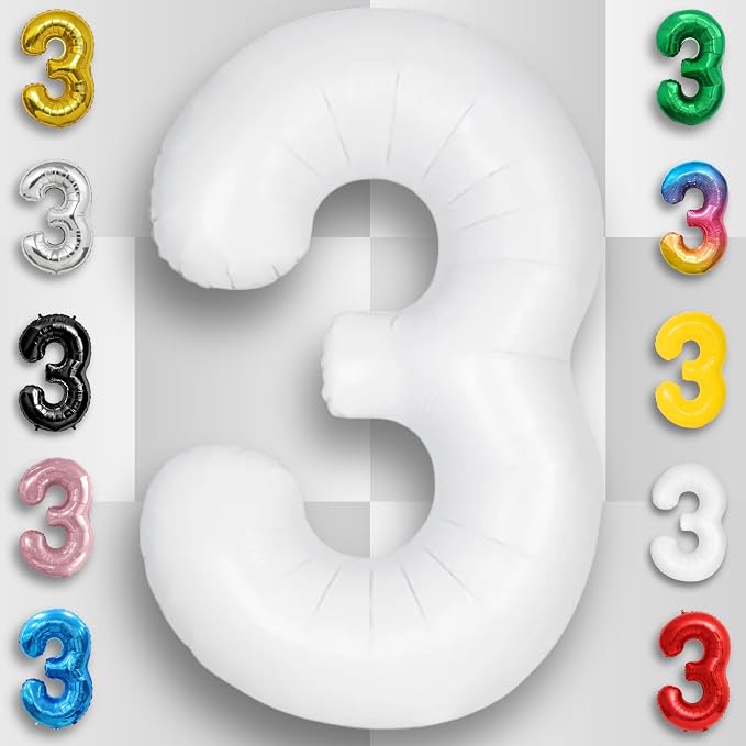 White Number Balloon 3 Mylar Foil Balloons 32 inch - Image 5