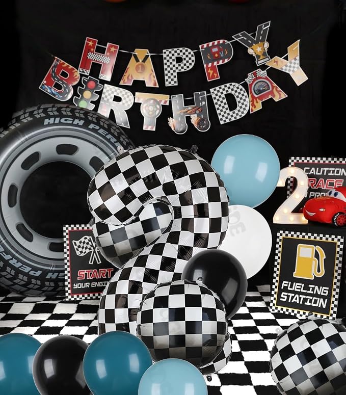 Race Car Balloon Bundle Blue Black 40 Inch Checkered Number Balloon 2 | Black - Image 3