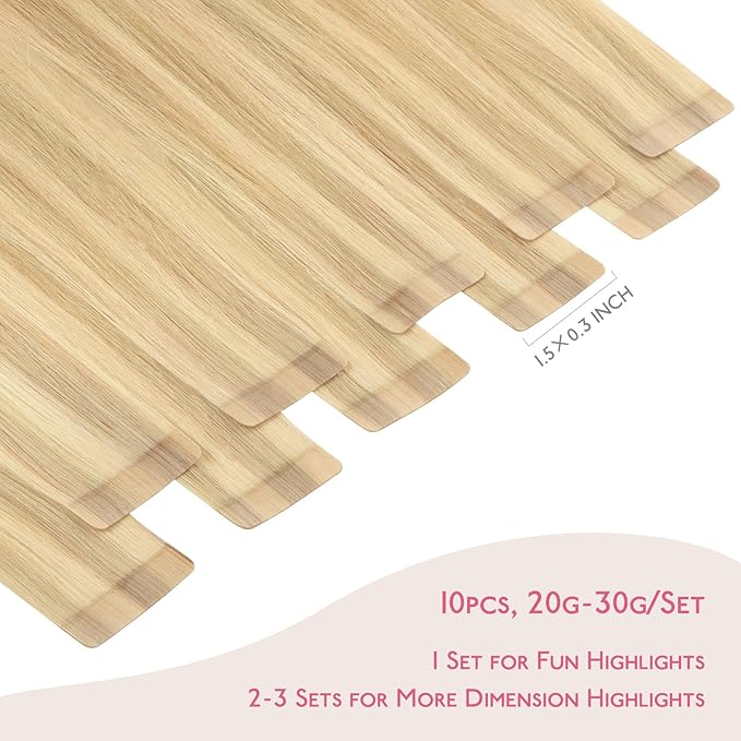 WENNALIFE Tape in Hair Extensions Human Hair Light Blonde Highlighted Golden Blonde Tape in Extensions, 10pcs 30g 20 inch Remy Invisible Tape Ins Straight Soft Real Human Hair Tape in Extensions