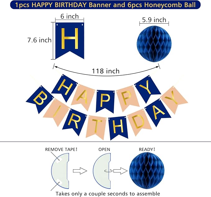 Navy Rose Gold Birthday Decorations | Happy Birthday Banner, Paper Honeycomb - Image 5