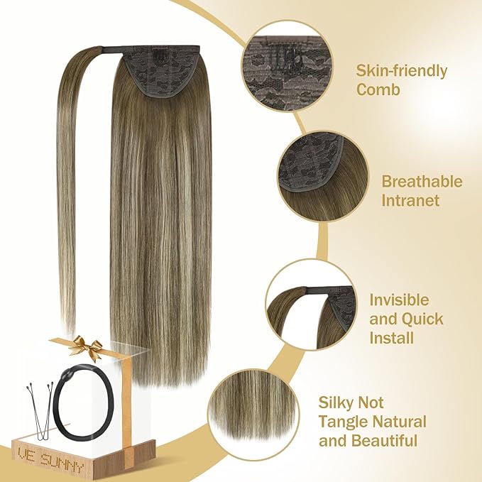 Ve Sunny Ponytail Extension Human Hair for Women Clip in Ponytail Hair Extension Straight Hair Pieces Wrap Around Around Darker Brown Fading To Ash Brown Mix Light Blonde Balayage 22inch 80G