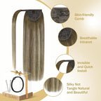 Ve Sunny Hair Extensions Ponytail Real Human Hair Wrap Around Clip in Ponytail Hair Extensions Straight Extensions Human Hair for Women Walnut Brown Ombre Light Brown Balayage Blonde 16inch 80G