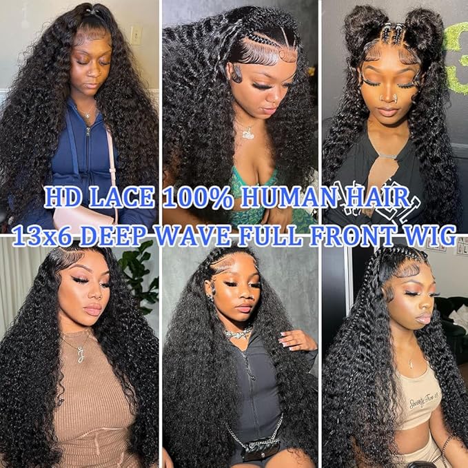 13x6 Deep Wave Lace Front Wigs Human Hair 200 Density Pre Plucked 13x6 HD Transparent Lace Frontal Wigs Human Hair Glueless Curly Wigs For Black Women 24 Inch