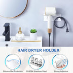 Hair Dryer Holder Wall Mounted, Blow Dryer Holder Adhesive, Metal Hairdryer Holder for Bathroom, Hair Tool Organizer with Plug&Cord for Cabinet Bathroom Bedroom Barber Shops