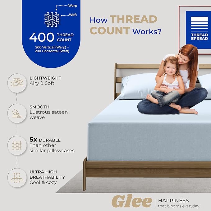 THREAD SPREAD 100% Cotton King Size Pillowcases Sets of 4-400 Thread Count Cotton Pillow Cases, Ultra Soft Cooling Sateen Weave Pillowcases, Set of 4 Pillow Covers for King Pillows - Light Blue