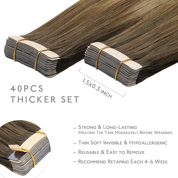 WENNALIFE Tape in Hair Extensions Human Hair, 40pcs 80g 12 inch Ombre Walnut Brown to Ash Brown and Bleach Blonde Hair Extensions Real Human Hair Straight Tape in Extensions Real Human Hair Extensions