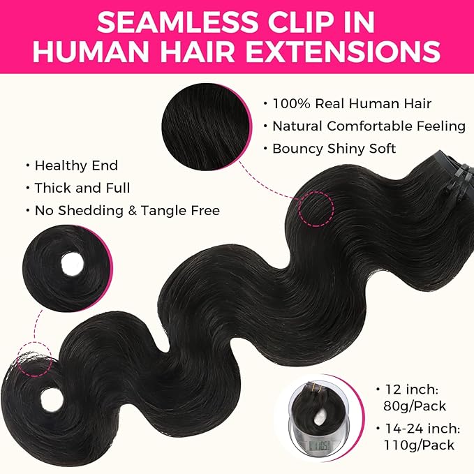 Lashey Seamless Clip in Hair Extensions Remy Human Hair Extension, 7pcs 110g Body Wave 26 Inch #1B Natural Black Hair Extensions Seamless Clip in Hair Extension with Invisi Edge