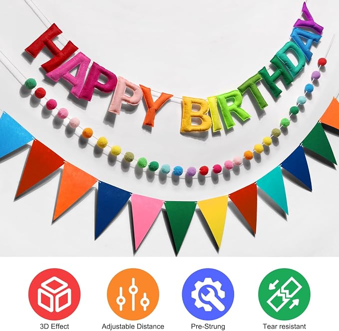 Rainbow 3D Happy Birthday Banner, Pre-Strung Felt Party Decorations | - Image 9