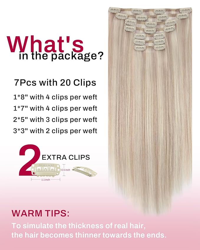 Moresoo Human Hair Clip in Extensions Blonde Highlights Clip ins Real Human Hair Ash Blonde with Bleach Blonde Remy 150g/7pcs 22 inch