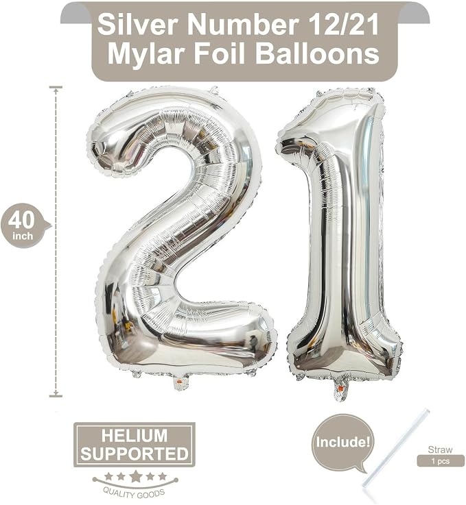 40 Inch Silver 21 Number Balloons Giant Jumbo Huge 12 or 21 Foil Mylar Helium - Image 2